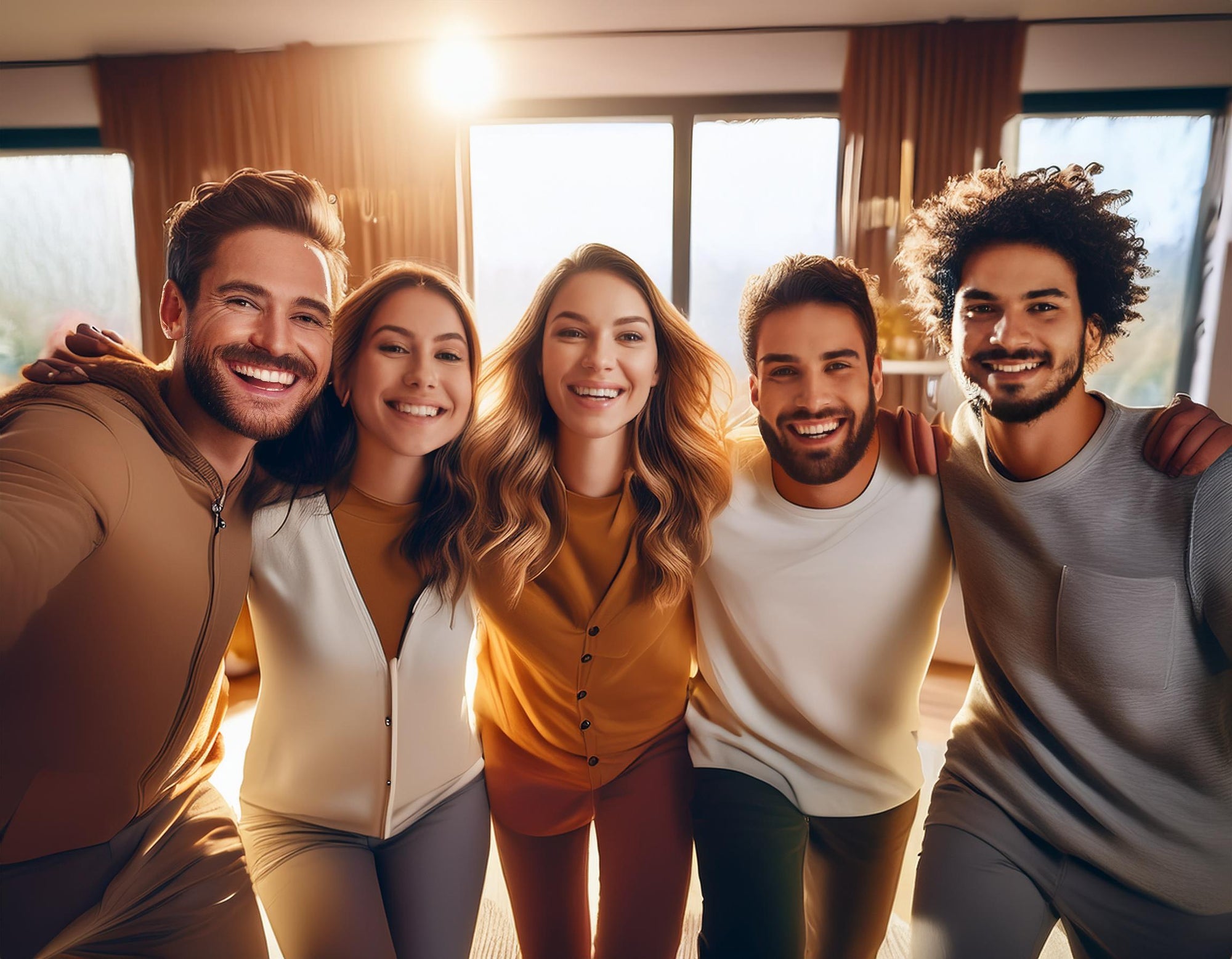 group of friends having fun in a living room with warm lighting